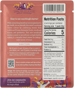 The back of a Living Jin Sourdough Starter pouch, displaying detailed information including the brand's story, nutrition facts, and easy-to-follow directions for fermentation. The label features a QR code for recipes and tips, storage instructions, and "Join our community" social media information against a warm terracotta background with celebratory illustrations.