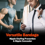 A split-screen promotional image titled "Versatile Bandage," showcasing two primary uses for Living Jin Nipple Covers. The left side shows a man in athletic wear running to represent "Nipple Chafing Prevention," while the right side shows a man in a white formal shirt and tie to represent its use as a "Nipple Concealer" for a professional look.