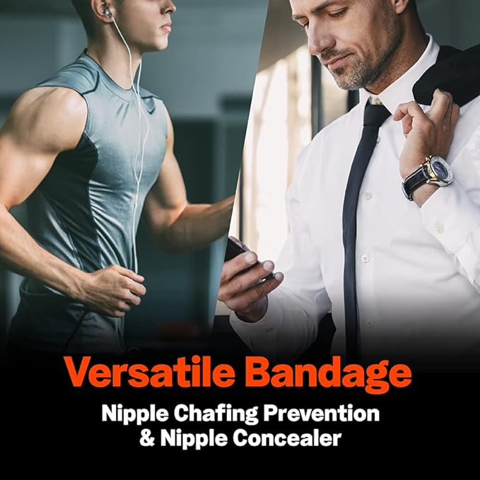 A split-screen promotional image titled "Versatile Bandage," showcasing two primary uses for Living Jin Nipple Covers. The left side shows a man in athletic wear running to represent "Nipple Chafing Prevention," while the right side shows a man in a white formal shirt and tie to represent its use as a "Nipple Concealer" for a professional look.