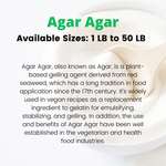 An informative product graphic for Living Jin Agar Agar, featuring a close-up of the fine white powder in a white bowl with a wooden spoon. The text highlights that it is available in bulk sizes ranging from 1 LB to 50 LB. It provides a description of Agar Agar as a plant-based gelling agent derived from red seaweed, used since the 17th century as a vegan alternative to gelatin for emulsifying, stabilizing, and gelling in the vegetarian and health food industries.