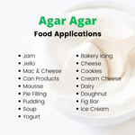 An informative graphic showcasing the wide range of food applications for Living Jin Agar Agar. The background features a close-up of the fine white powder in a bowl with a wooden spoon. A comprehensive bulleted list highlights its versatility in various categories