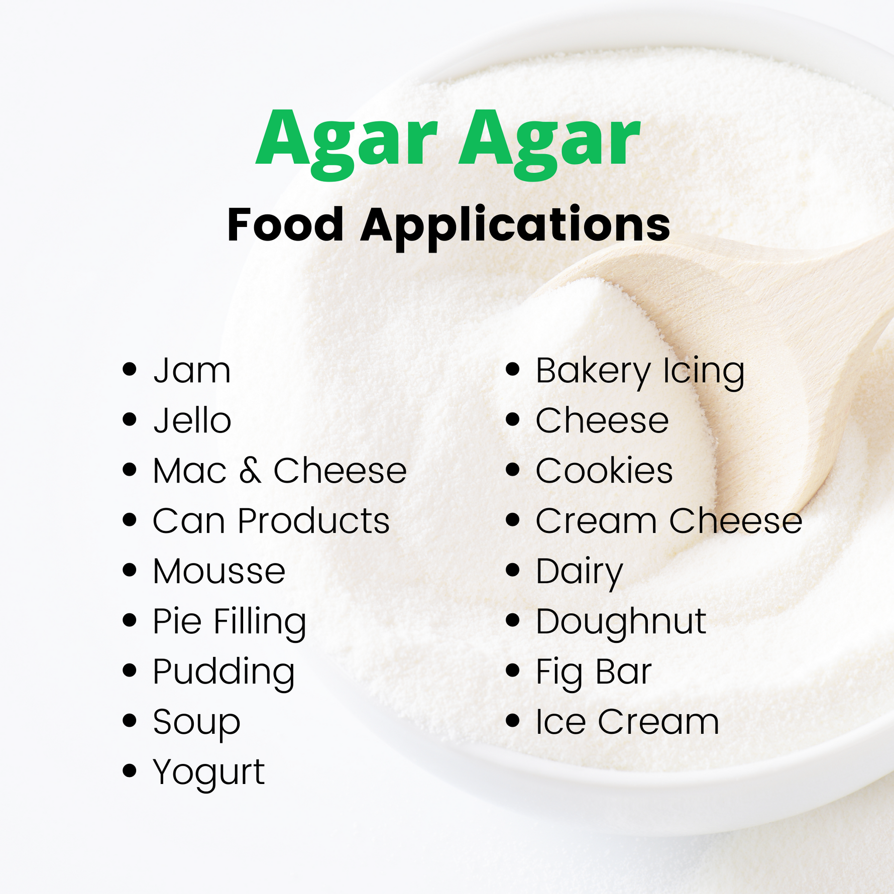An informative graphic showcasing the wide range of food applications for Living Jin Agar Agar. The background features a close-up of the fine white powder in a bowl with a wooden spoon. A comprehensive bulleted list highlights its versatility in various categories