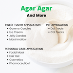 An informative graphic illustrating the diverse uses for Living Jin Agar Agar beyond traditional cooking. The background features a high-angle shot of the fine white powder in a white bowl with a wooden spoon. The text categorizes various applications