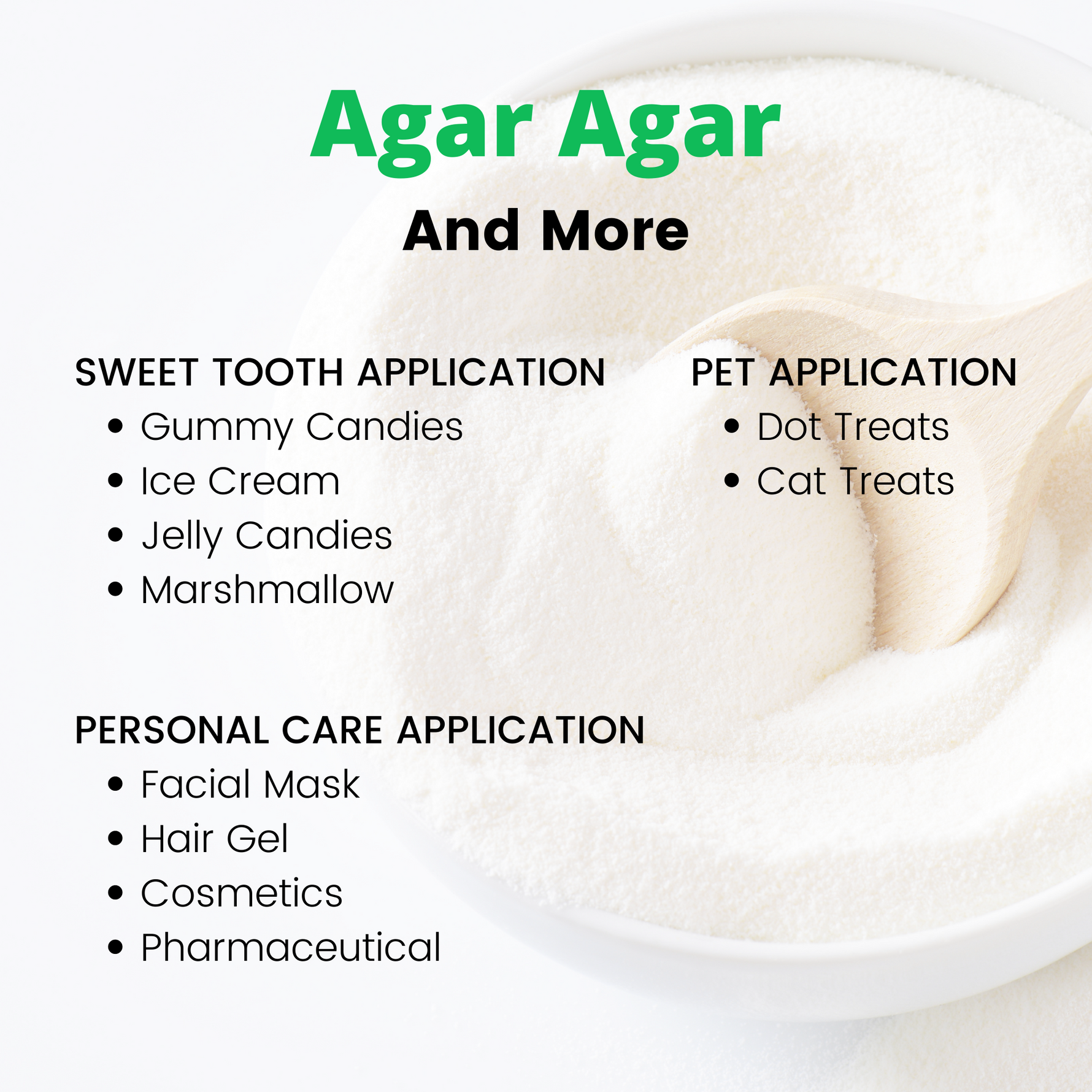 An informative graphic illustrating the diverse uses for Living Jin Agar Agar beyond traditional cooking. The background features a high-angle shot of the fine white powder in a white bowl with a wooden spoon. The text categorizes various applications