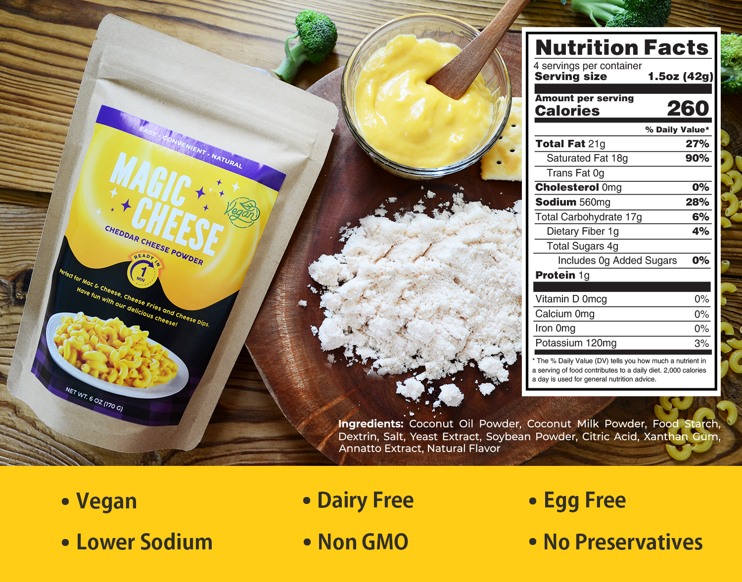 A product information graphic for Living Jin Magic Cheese Cheddar Style Dairy-Free Powder. The image features the product pouch, a bowl of prepared creamy cheese sauce, and the raw powder on a wooden board. A clear "Nutrition Facts" panel and ingredient list are displayed on the right, while a bold yellow footer highlights key product attributes: Vegan, Dairy Free, Egg Free, Lower Sodium, Non GMO, and No Preservatives.