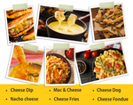 A creative collage of Polaroid-style photos taped to a white background, showcasing various delicious ways to use Living Jin Magic Cheese. The photos feature mouth-watering dishes like a cheese dog, cheese fondue, loaded nachos, cheese dip with chips, cheese fries, and a classic mac and cheese. A bold yellow banner at the bottom provides a bulleted list of these recipe ideas, highlighting the product's versatility as a plant-based dairy alternative.