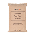 A large 50 LB brown kraft bulk bag of LIVING JIN Premium Agar Agar Powder. The packaging specifies it is a plant-based gelatin made from seaweed, designed for high-volume food industry applications.