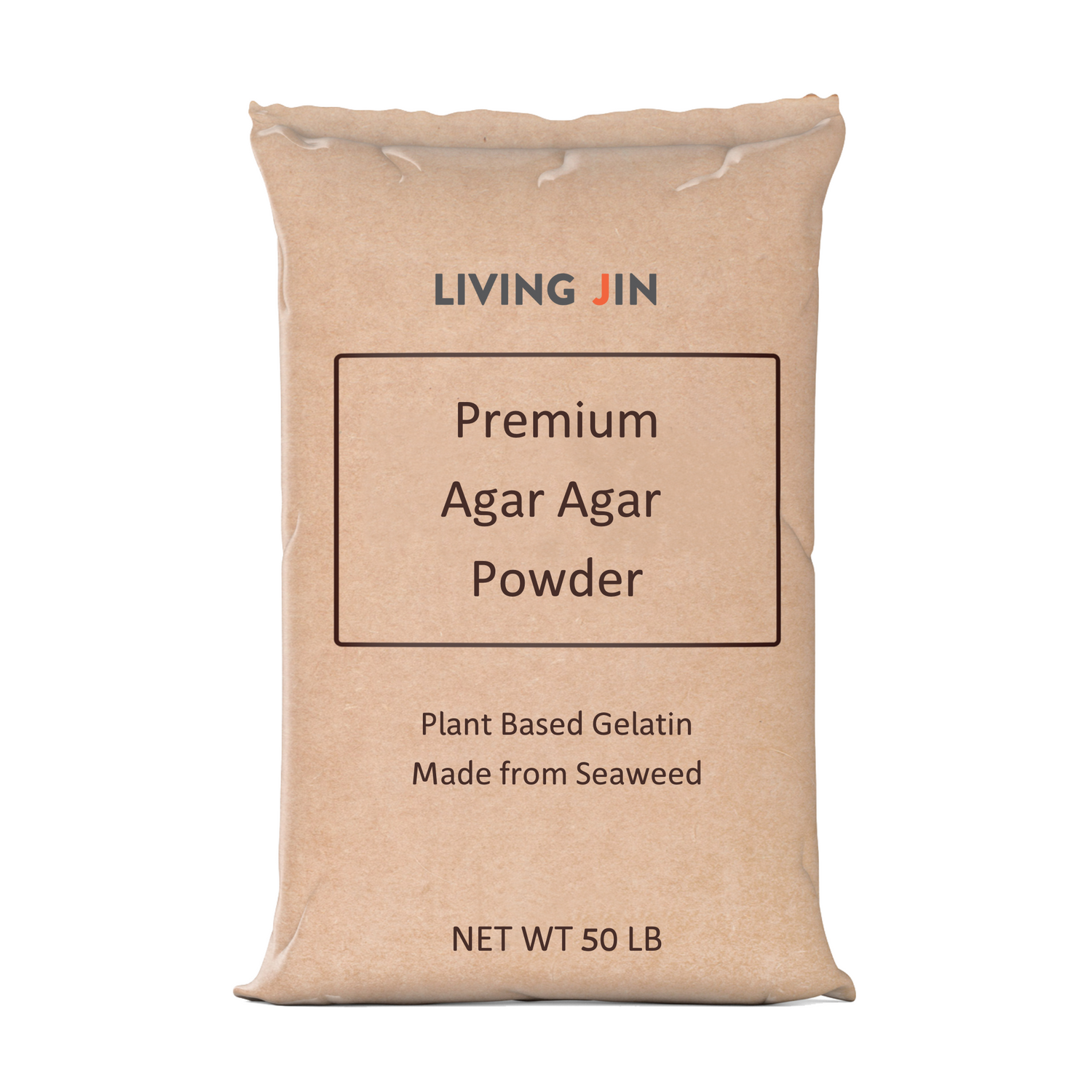 A large 50 LB brown kraft bulk bag of LIVING JIN Premium Agar Agar Powder. The packaging specifies it is a plant-based gelatin made from seaweed, designed for high-volume food industry applications.