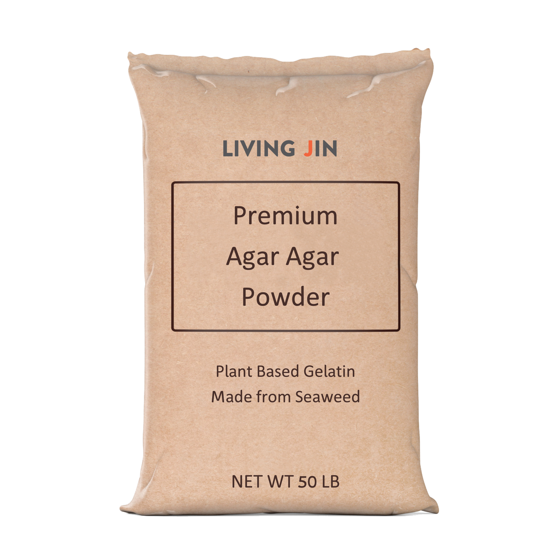 A large 50 LB brown kraft bulk bag of LIVING JIN Premium Agar Agar Powder. The packaging specifies it is a plant-based gelatin made from seaweed, designed for high-volume food industry applications.