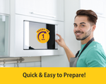 A lifestyle image featuring a smiling man in an apron using a built-in white microwave in a modern kitchen. A yellow "READY IN 1 MIN" timer icon is overlaid on the microwave door, and a bold yellow banner at the bottom reads "Quick & Easy to Prepare!", highlighting the convenience of Living Jin food products for busy individuals.